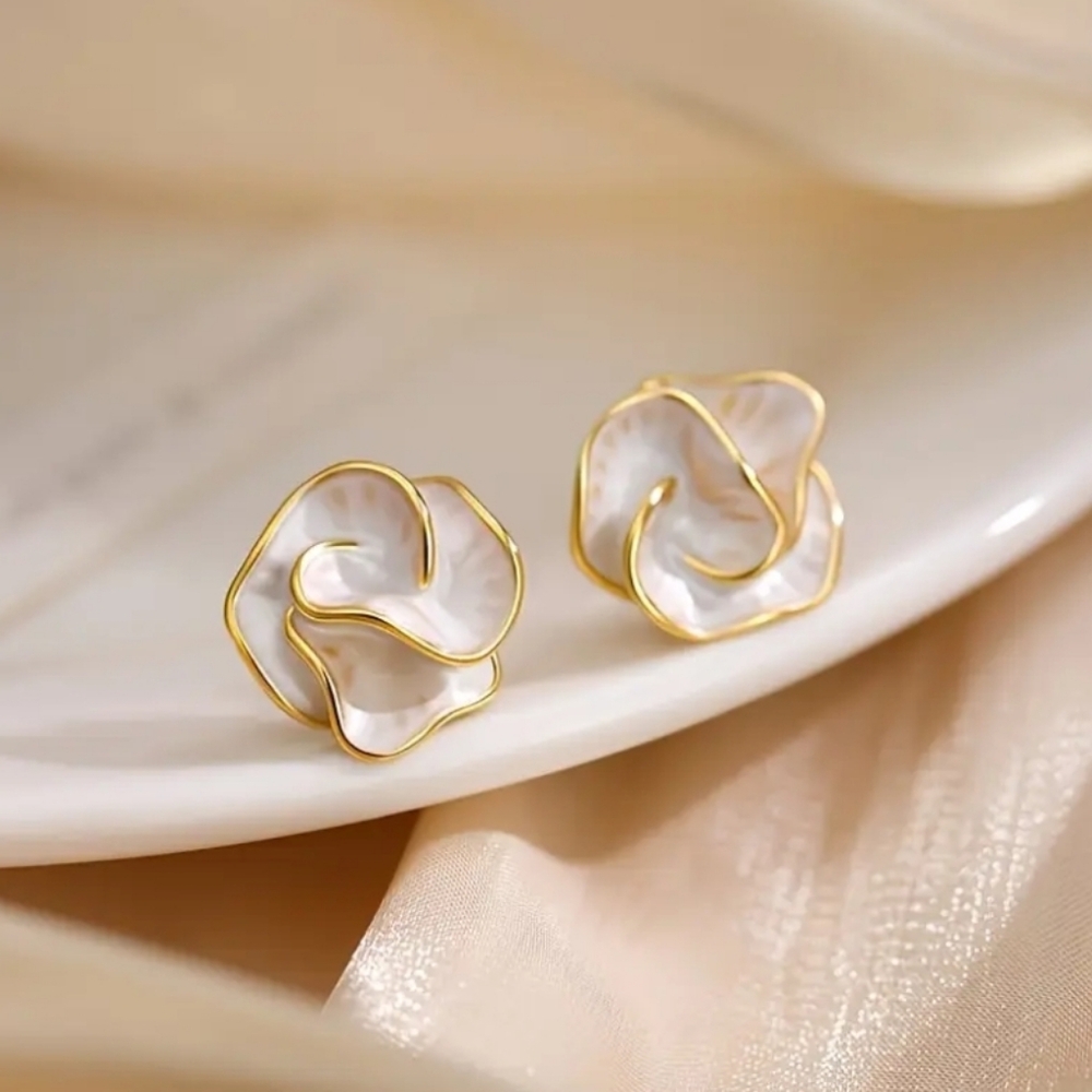 White Camellia Flower Earrings - Picture 3 of 9
